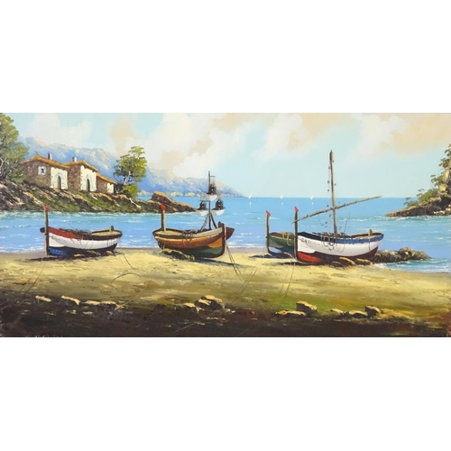 1554 - XX, Oil on canvas, A coastal scene in Mallora with boats on a beach. Approx. 32 1/4