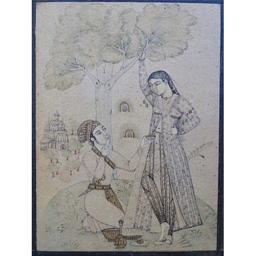 1644 - Indian Mughal School, Pen, ink and wash on paper, A young Indian prince with belted jambiya offering... 