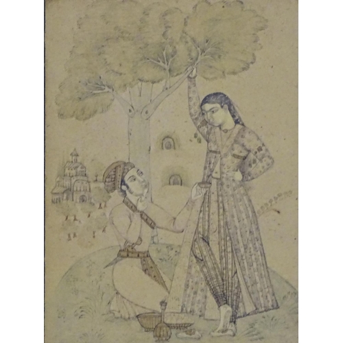 1644 - Indian Mughal School, Pen, ink and wash on paper, A young Indian prince with belted jambiya offering... 