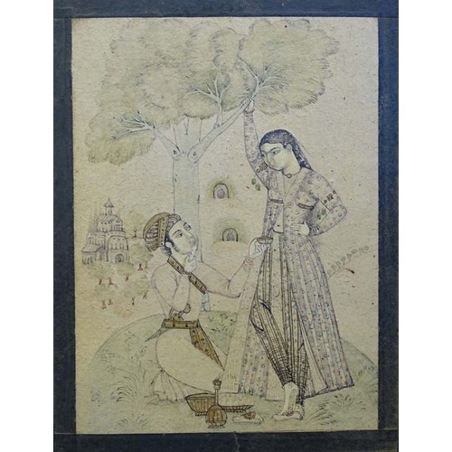 1644 - Indian Mughal School, Pen, ink and wash on paper, A young Indian prince with belted jambiya offering... 