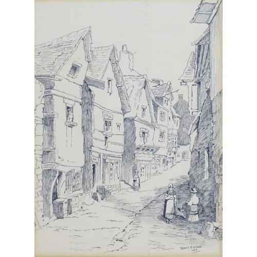 1646 - Denys J. G. Line, XX, Pen and ink drawing, A street scene with figures. Signed and dated 1932 lower ... 