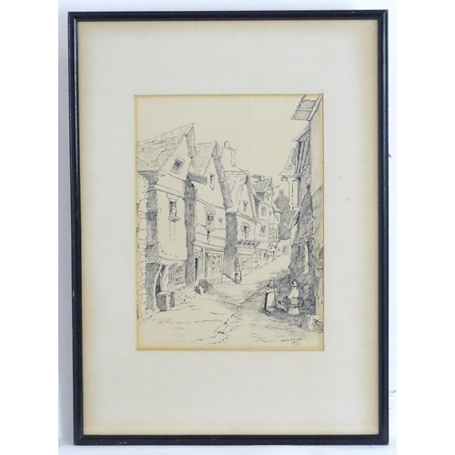 1646 - Denys J. G. Line, XX, Pen and ink drawing, A street scene with figures. Signed and dated 1932 lower ... 