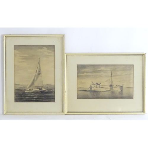 1647 - S. J. Johansson, XX, Two pencil drawings on paper, A sailing boat, and a fishing boat. Both signed a... 