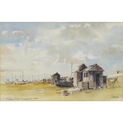 1650 - Manner of Dennis John Hanceri (b. 1928), Watercolour and ink, Fishing Huts, Dungeness, Kent, A beach... 