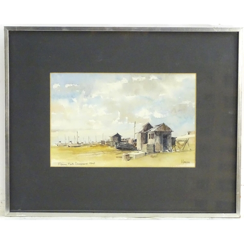 1650 - Manner of Dennis John Hanceri (b. 1928), Watercolour and ink, Fishing Huts, Dungeness, Kent, A beach... 