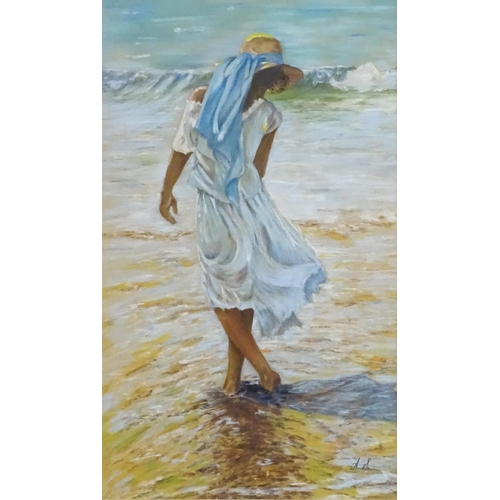 1651 - Audrey Stevenson, XX, Pastel, Summer Day, A young girl in a white dress and hat with a blue ribbon p... 