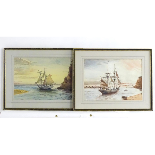 1660 - Anthony Gregson, XX, Watercolour and ink, x2, Sailing ships / galleons off the shore at sunrise / su... 