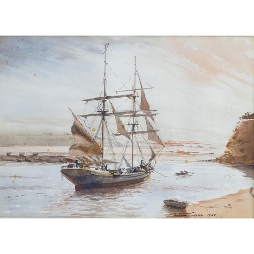 1660 - Anthony Gregson, XX, Watercolour and ink, x2, Sailing ships / galleons off the shore at sunrise / su... 