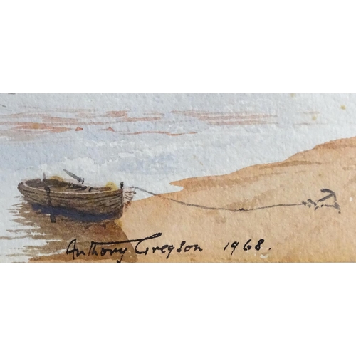 1660 - Anthony Gregson, XX, Watercolour and ink, x2, Sailing ships / galleons off the shore at sunrise / su... 