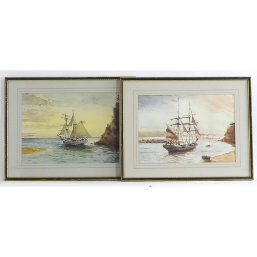 1660 - Anthony Gregson, XX, Watercolour and ink, x2, Sailing ships / galleons off the shore at sunrise / su... 