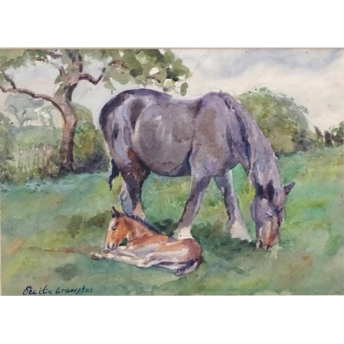 1666 - Cecilia Crompton, XIX-XX, Equine School, Watercolour, A heavy horse mare and her foal in a field, Si... 