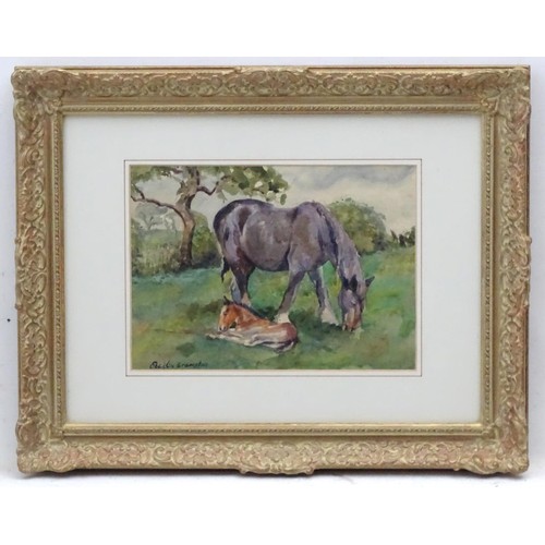 1666 - Cecilia Crompton, XIX-XX, Equine School, Watercolour, A heavy horse mare and her foal in a field, Si... 