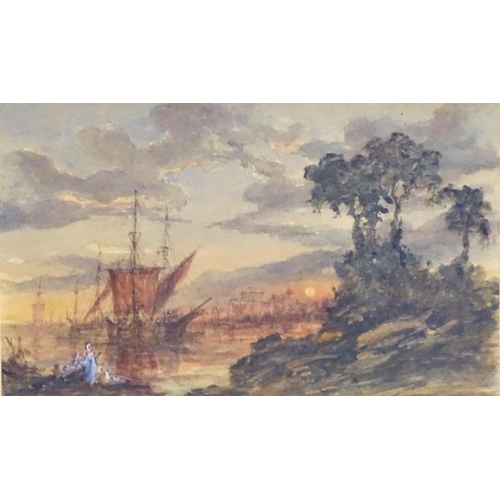 1677 - XIX, Marine School, Watercolour and gouache, A seascape scene at sunset with ships and boats on the ... 