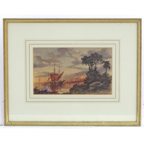 1677 - XIX, Marine School, Watercolour and gouache, A seascape scene at sunset with ships and boats on the ... 