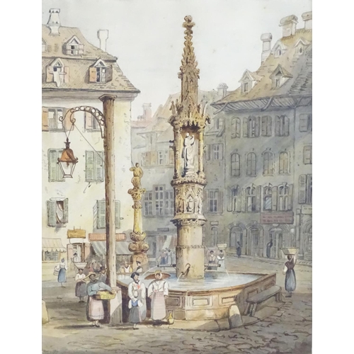 1682 - C. H. E., Follower of Samuel Prout (1783-1852), XIX, Watercolour, Fountain at Basel. Initialled unde... 