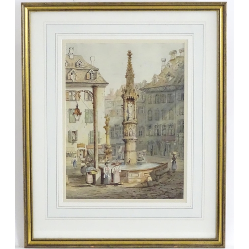 1682 - C. H. E., Follower of Samuel Prout (1783-1852), XIX, Watercolour, Fountain at Basel. Initialled unde... 