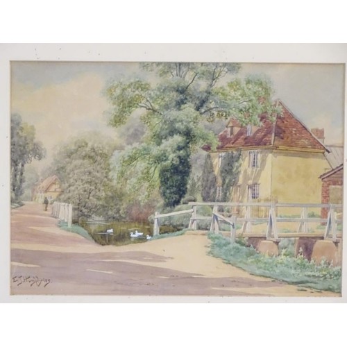 1684 - E. J. Humphries, XX, Watercolour, Chilton Street, Clare, Suffolk, A rural street scene with a wooden... 