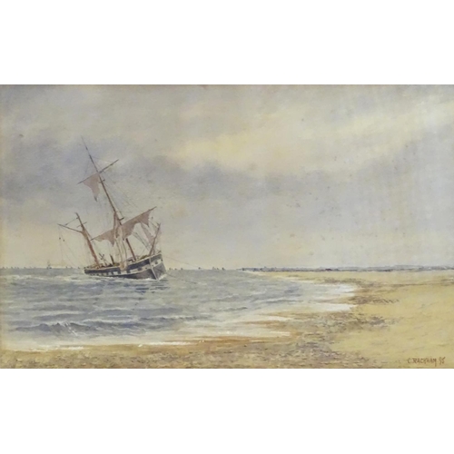 1685 - C. Rackham, XIX, Watercolour, A beach scene with a moored clipper ship. Signed and dated (18)95 lowe... 