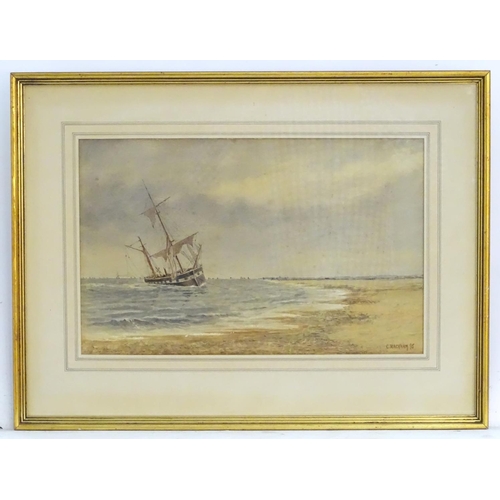 1685 - C. Rackham, XIX, Watercolour, A beach scene with a moored clipper ship. Signed and dated (18)95 lowe... 