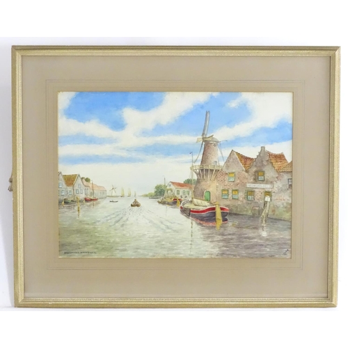 1687 - L. J. Lake, XX, Watercolour, Holland Waterways, A canal scene with boats and windmills. Signed lower... 