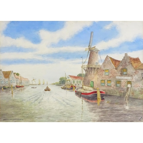 1687 - L. J. Lake, XX, Watercolour, Holland Waterways, A canal scene with boats and windmills. Signed lower... 