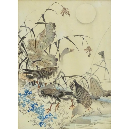 1750 - A 19thC Oriental hand coloured print depicting geese on the bank of a lake. Approx. 16 1/2