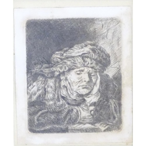 1751 - After Rembrandt van Rijn (1606-1669), Etching, Old Woman Sleeping. Approx. 2 3/4