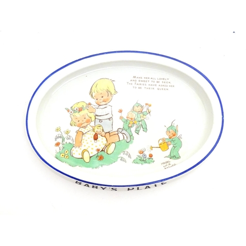 105 - A Mabel Lucie Attwell baby's plate by Shelley, depicting children in a garden with flowers and fairi... 