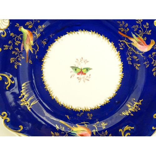 112 - Two 19thC dessert plates with cobalt blue ground scrolling gilt highlights and hand painted bird and... 