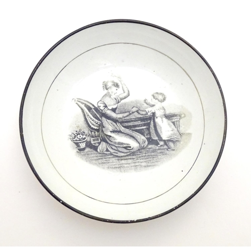 130 - Three small 19thC monochrome dishes, each depicting a mother and child playing. Approx. 4 1/4