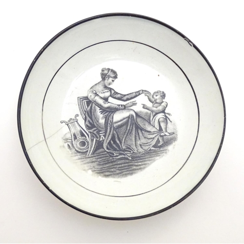 130 - Three small 19thC monochrome dishes, each depicting a mother and child playing. Approx. 4 1/4