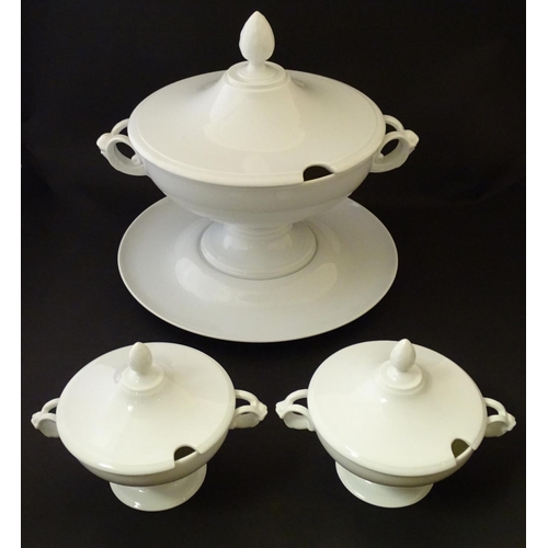 160 - A large white Rosenthal pedestal soup tureen and cover on stand, together with two smaller examples.... 