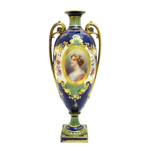 183 - A Royal Bonn vase of baluster form with twin handles, decorated with a portrait of a woman within a ... 