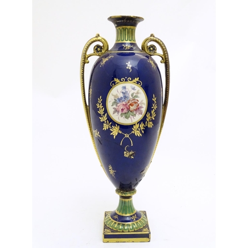 183 - A Royal Bonn vase of baluster form with twin handles, decorated with a portrait of a woman within a ... 