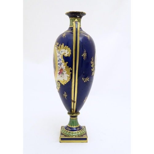 183 - A Royal Bonn vase of baluster form with twin handles, decorated with a portrait of a woman within a ... 