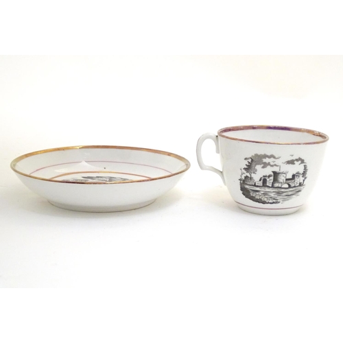 66 - A 19thC tea cup and saucer with monochrome transfer decoration depicting a river landscape with a sh... 