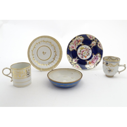 76 - Five 19thC ceramic items comprising a Newhall style dished white saucer with gilt highlights, a whit... 