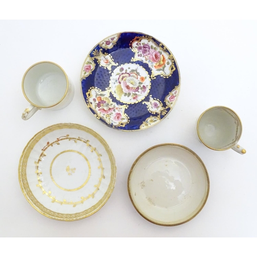 76 - Five 19thC ceramic items comprising a Newhall style dished white saucer with gilt highlights, a whit... 