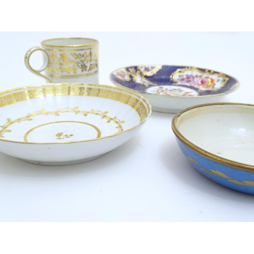 76 - Five 19thC ceramic items comprising a Newhall style dished white saucer with gilt highlights, a whit... 