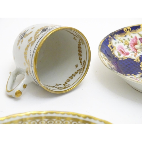 76 - Five 19thC ceramic items comprising a Newhall style dished white saucer with gilt highlights, a whit... 