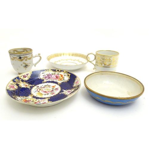 76 - Five 19thC ceramic items comprising a Newhall style dished white saucer with gilt highlights, a whit... 