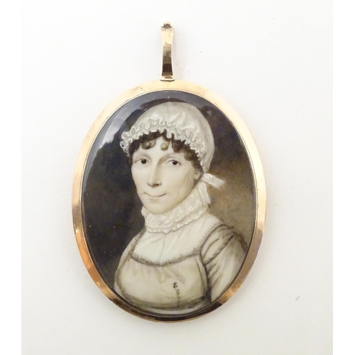 826 - A 19thC English School watercolour and bodycolour portrait miniature depicting a woman in a bonnet i... 