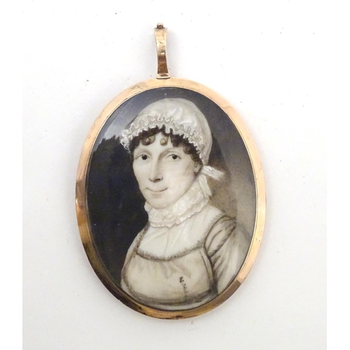 826 - A 19thC English School watercolour and bodycolour portrait miniature depicting a woman in a bonnet i... 