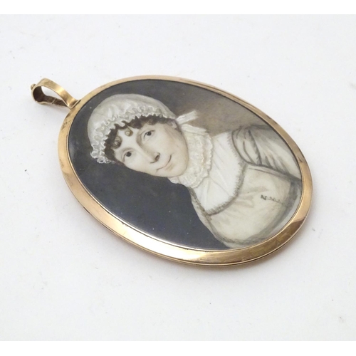 826 - A 19thC English School watercolour and bodycolour portrait miniature depicting a woman in a bonnet i... 