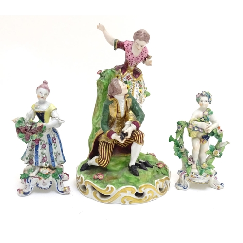 84 - A Derby porcelain figural group with two figures, a kneeling gentleman fitting a slipper on a young ... 