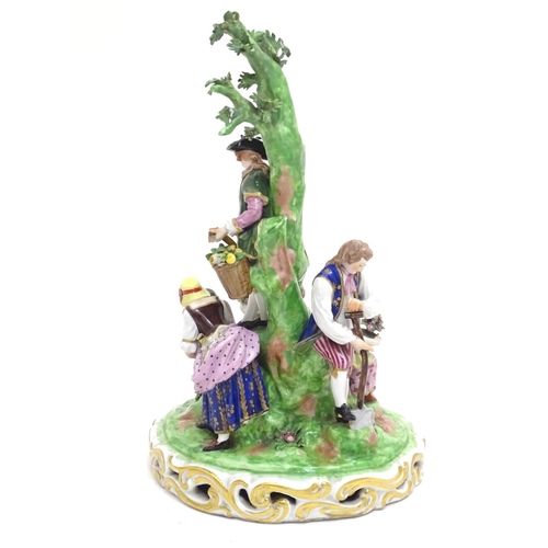 87 - A large Derby porcelain figural group garden scene, depicting men, women and children tending to and... 