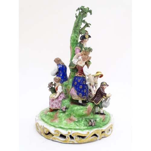 87 - A large Derby porcelain figural group garden scene, depicting men, women and children tending to and... 