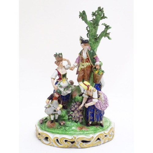 87 - A large Derby porcelain figural group garden scene, depicting men, women and children tending to and... 