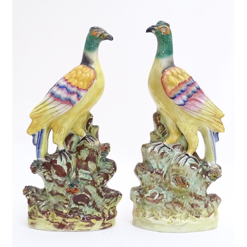 91 - A pair of Staffordshire pheasant birds on naturalistic bases. Approx. 13