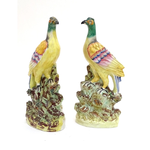 91 - A pair of Staffordshire pheasant birds on naturalistic bases. Approx. 13